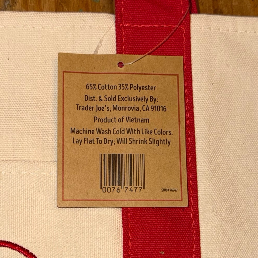 MINI NWT Trader Joe’s Mini Canvas Reusable Tote Bag - Cream with Red Straps - Picture 10 of 10